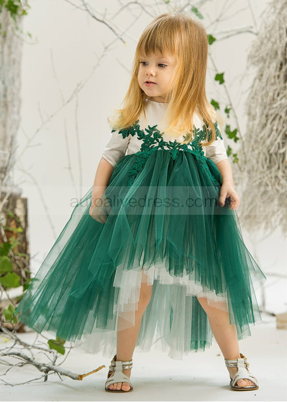 Green Lace Tulle High Low Flower Girl Dress